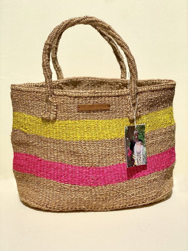 Einkaufstasche aus Sisal, natur mit pink und gelben Streifen